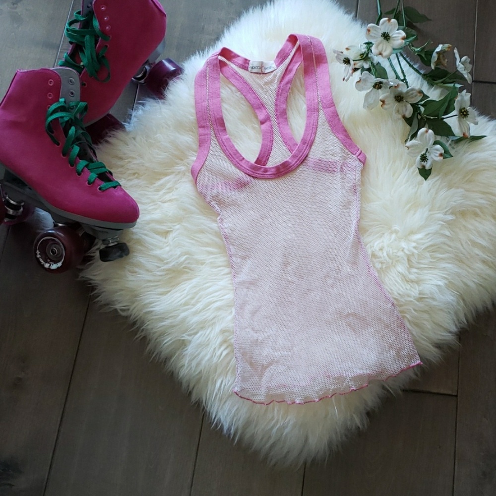 Rebecca Beeson Pink Mesh T-Back Tank Top